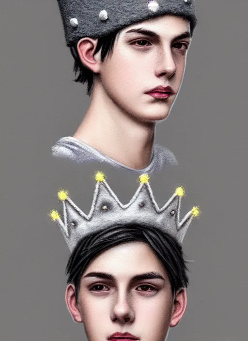 Image similar to portrait of teenage jughead jones wearing a light grey crown, photorealistic, single color crown made of fabric, crown made of felt, black hair, intricate, elegant, highly detailed, digital painting, glowing lights, artstation, concept art, smooth, sharp focus, illustration, art by wlop, mars ravelo and greg rutkowski