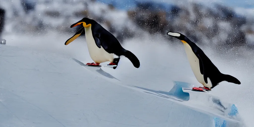 Image similar to ultrawide angle, high speed sporting photography of a penguin on a snowboard in the halfpipe winning the olympic medal, extremely detailed, 8 l