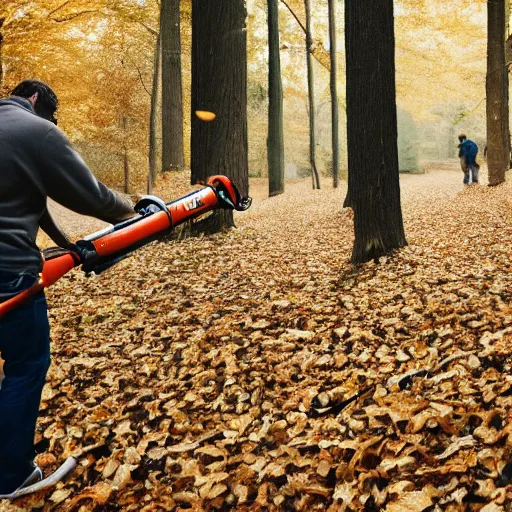 Image similar to men with leaf blowers fighting the falling leaves in a forest, detailed face, CANON Eos C300, ƒ1.8, 35mm, 8K, medium-format print