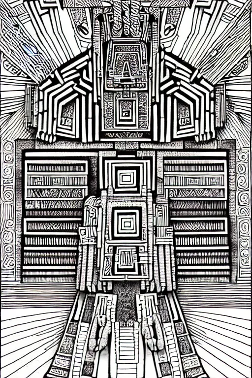 Image similar to a black and white drawing of a mayan temple, a detailed mixed media collage by hiroki tsukuda and eduardo paolozzi and moebius, intricate linework, sketchbook psychedelic doodle comic drawing, geometric, street art, polycount, deconstructivism, matte drawing, academic art, constructivism