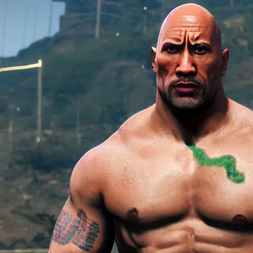 Image similar to dwayne the rock johnson with red eyes small green hair in gta 5 style ultra 4k resoulution