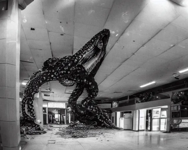 Image similar to camera footage of a extremely aggressive Giant mutated Octopus with glowing white eyes, Human Features, Teeth, in an abandoned shopping mall, Psychic Mind flayer, Terrifying, Silhouette :7 , high exposure, dark, monochrome, camera, grainy, CCTV, security camera footage, timestamp, zoomed in, Feral, fish-eye lens, Fast, Radiation Mutated, Nightmare Fuel, Wolf, Evil, Bite, Motion Blur, horrifying, lunging at camera :4 bloody dead body, blood on floors, windows and walls :5