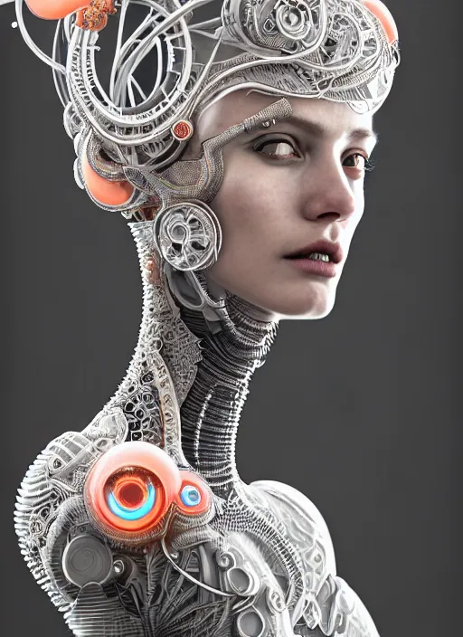 Prompt: portrait of an absurdly beautiful, graceful, sophisticated, fashionable cyberpunk mechanoid, hyperdetailed illustration by irakli nadar and vania zouravliov, matt wisniewski style, intricate linework, white porcelain skin, faberge, coral reef headdress, unreal engine 5 highly rendered, global illumination, radiant light, detailed and intricate environment