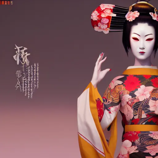 Image similar to an android geisha in a lotus position wearing a flowing kimono and tattoos, octane render, unreal engine, 8 k, cinematic, artwork by ilya kuvshinov