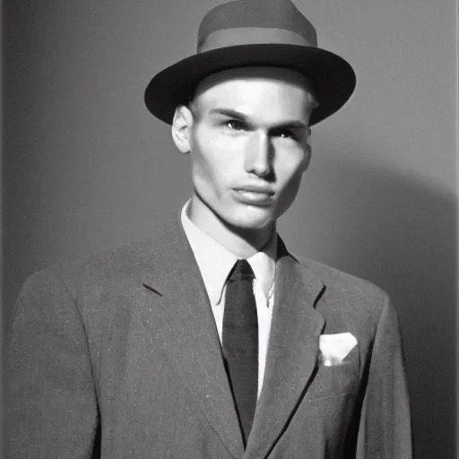 Image similar to A photograph portrait of Jerma985 wearing a suit with and fedora in the 1940s, taken in the early 1940s, grainy, taken on a 940s Kodak Camera, realistic, hyperrealistic, very realistic, highly detailed, very detailed, extremely detailed, detailed, digital art, trending on artstation