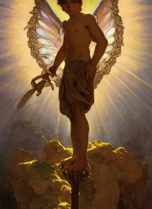 Prompt: digital character concept art by maxfield parrish and artgerm and greg rutkowski and alphonse mucha. portrait of a young 1 3 year old boy, a young god, icarus with mechanical bird wings, beautiful, holding a staff, detailed, poster art, light effect, glowing, hyper detail, intricate, elegant, digital painting, artstation, smooth, sharp focus