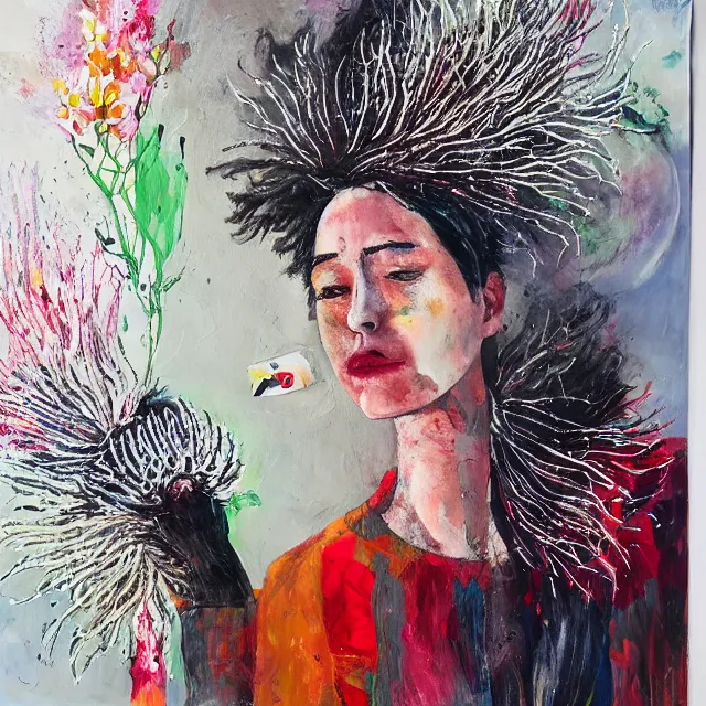 Image similar to “ a portrait in a female art student ’ s apartment, australian wildflowers, sensual, queer woman, flax, flannel flower, bottlebrush, eucalyptus, art supplies, a candle dripping white wax, clay, squashed berries, berry juice drips, acrylic and spray paint and oilstick on canvas, surrealism, neoexpressionism ”