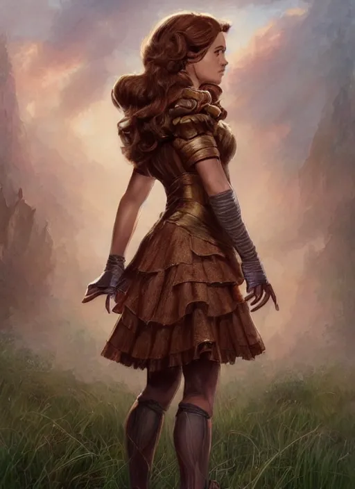 Image similar to beautiful female dorothy gale, rebecca romijn as dorothy, full body character concept, full leather armor, super powers, fantasy, intricate, elegant, highly detailed, digital painting, artstation, concept art, shining, sharp focus, illustration, art by stanley lau