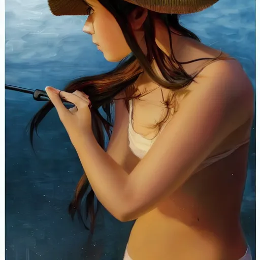 Prompt: oil painting by ilya kuvshinov,, baugh casey, artgerm craig mullins, coby whitmore, of a youthful anime girl, long hair, fishing and wearing fisherman's outfit, fisherman's hat, highly detailed, breathtaking face, studio photography, noon, intense bounced light, water reflection, large tree casting shadow, serine intense sunlight