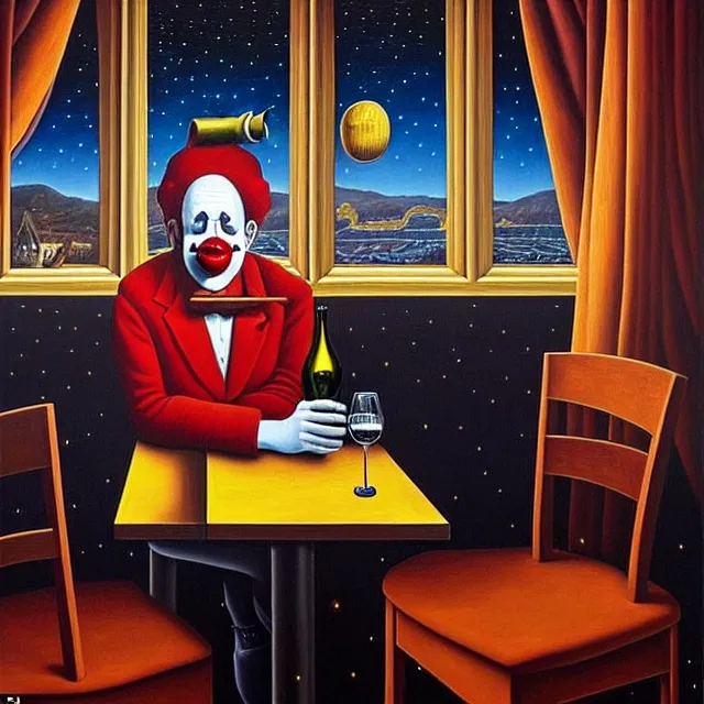 Prompt: an oil on canvas painting of a sad clown sitting by himself drinking wine in a bar, surrealism, surrealist, cosmic horror, rob gonsalves, high detail