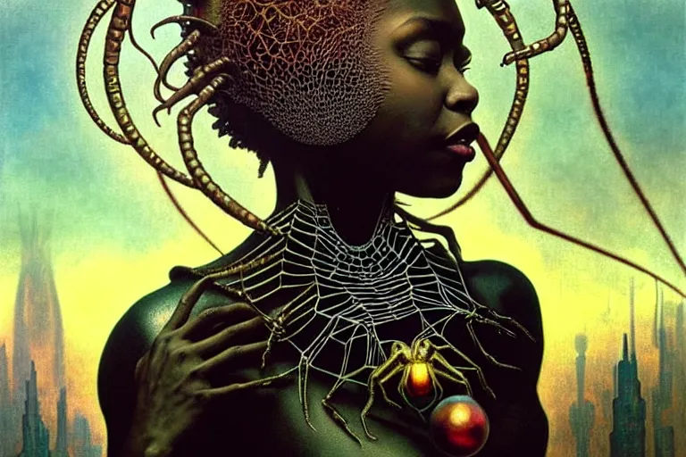 Image similar to realistic detailed portrait movie shot of a beautiful black woman riding a giant spider, dystopian city landscape background by denis villeneuve, amano, yves tanguy, alphonse mucha, max ernst, ernst haeckel, kehinde wiley, caravaggio, jean delville, david lynch, roger dean, cyber necklace, rich moody colours, sci fi patterns, dramatic, wide angle