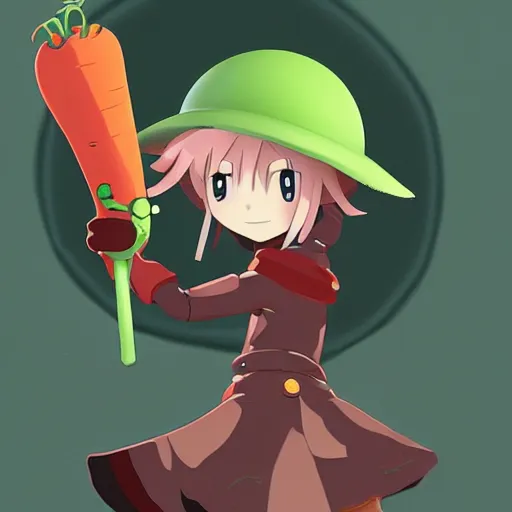 Prompt: cute android humanoid with big tomato hat and a carrot sword, made in abyss style