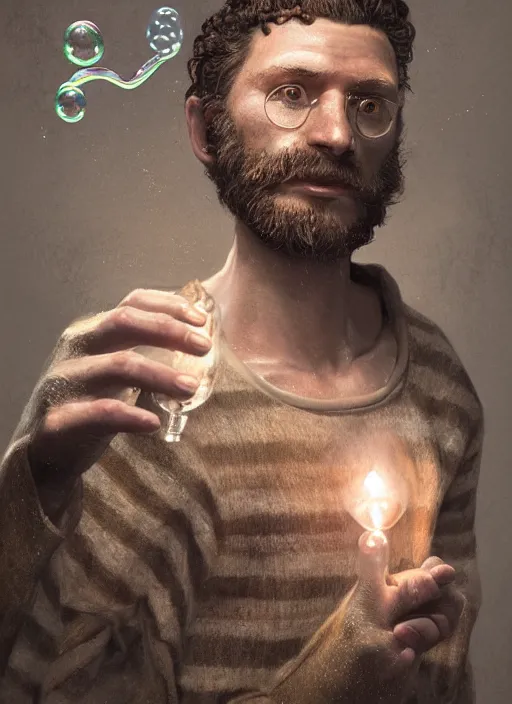 Image similar to an anthropomorphic beautiful male wizard portrait blowing bubbles wearing stripes robe, curly hair, fine art, award winning, intricate, elegant, sharp focus, octane render, hyperrealistic, cinematic lighting, highly detailed, digital painting, 8 k concept art, art by jamie hewlett and z. w. gu, masterpiece, trending on artstation, 8 k