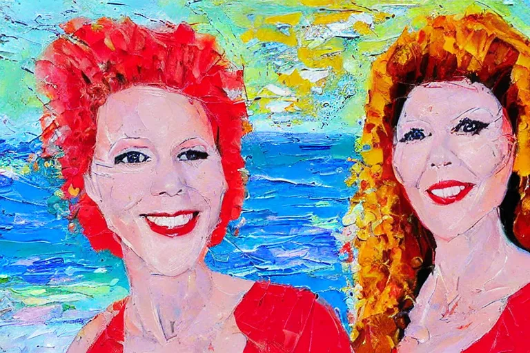 Image similar to happy Kate Pierson and Cindy Wilson on the beach painted with a palette knife, thick impasto