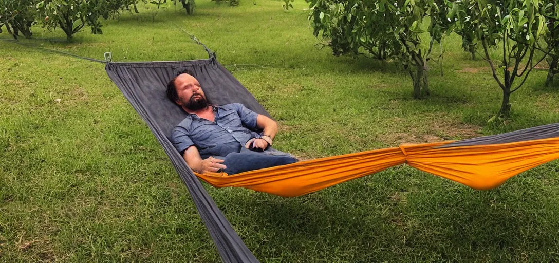 Image similar to Dutch Van Der Linde from Red Dead Redemption 2 sleeping in a hammock, a field of mango trees in the background