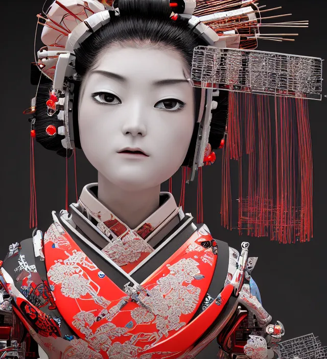 Image similar to portrait of a beautiful japanese robotic geisha with wires and actuators and kanji tattoos and decals, dramatic lighting, hyper - realistic, ultra - realistic, intricate details, japanese model, 8 k ultra high definition, octane render