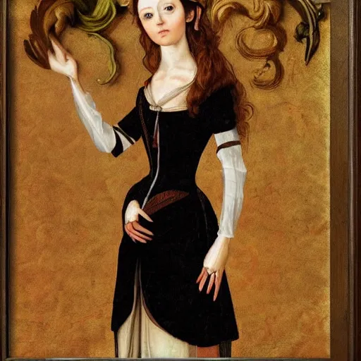 Image similar to skinny female artist in the style of renaissance oil painting, rococo, manga