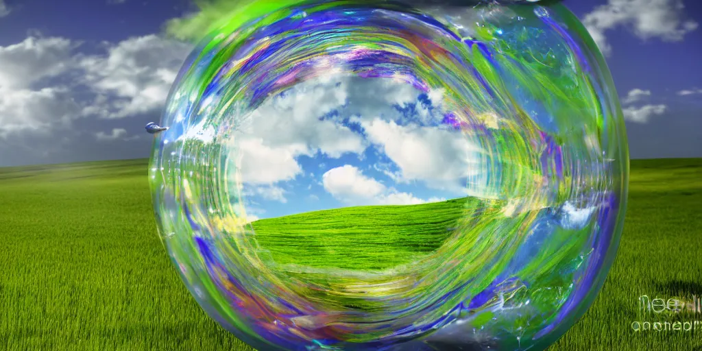 Image similar to a highly detailed 4 k photograph of the windows xp bliss wallpaper inside of a giant floating soap bubble, abstract, award winning photoshop creation h 5 7 6