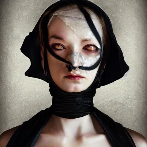 Image similar to portrait of a Shibari rope wrapped face and neck, headshot, insanely nice professional hair style, dramatic hair color, digital painting, of a old 15th century, young cyborg Rubber Nun, amber jewels, baroque, ornate clothing, scifi, realistic, hyperdetailed, chiaroscuro, concept art, art by Franz Hals and Jon Foster and Ayami Kojima and Amano and Karol Bak,