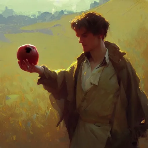 Image similar to the hand is reaching for the apple, painting by Craig Mullins, 4k, octane, digital painting, artstation, concept art, sharp focus, illustration, art by artgerm and greg rutkowski and alphonse mucha,