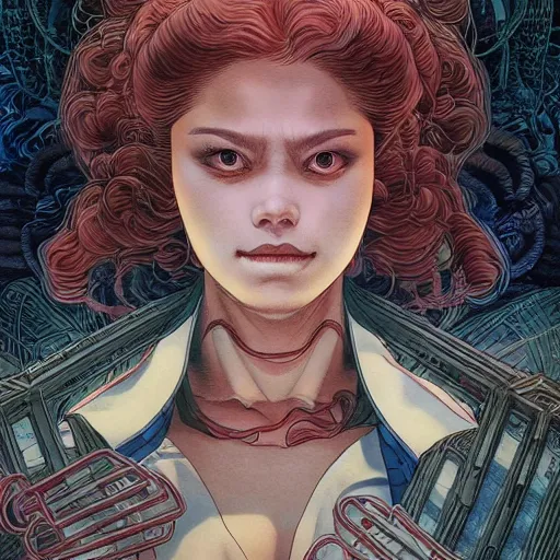 Image similar to portrait of girl from big trouble in little china, symmetrical, by yoichi hatakenaka, masamune shirow, josan gonzales and dan mumford, ayami kojima, takato yamamoto, barclay shaw, karol bak, yukito kishiro