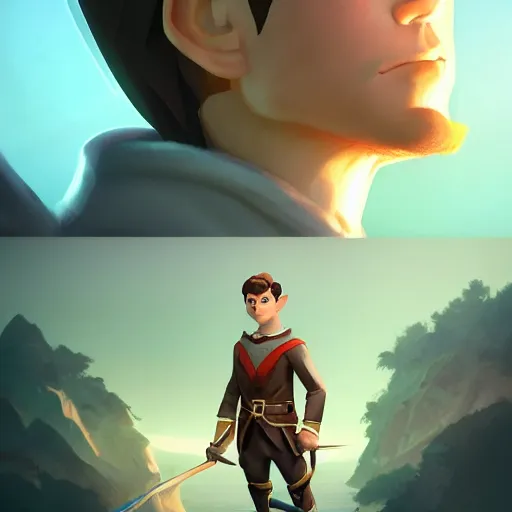 Image similar to Portrait of Josh Brolyn as a male elf ranger, pointy ears, brown long hair, no beard, inquisitive look, perfect facial symettry, mattepainting concept Blizzard pixar maya engine on stylized background splash comics global illumination lighting artstation lois van baarle, ilya kuvshinov, rossdraws