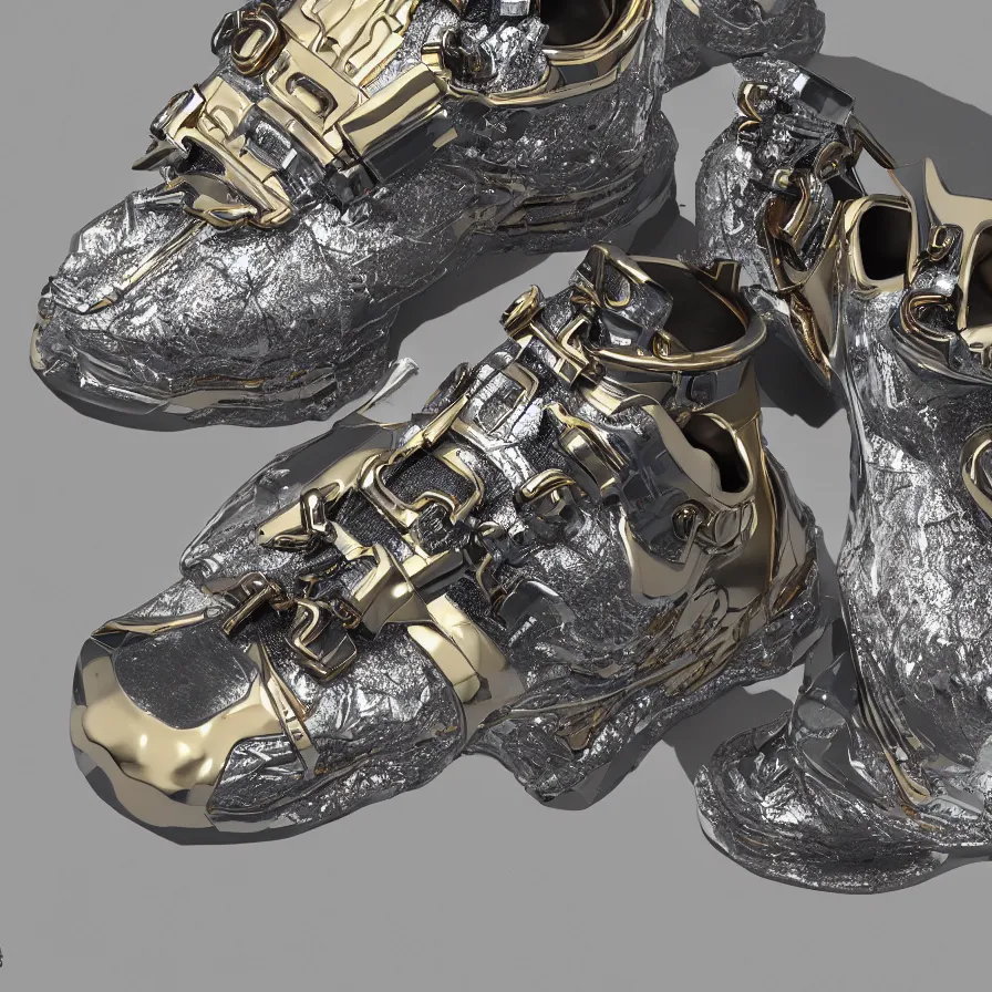 Prompt: futuristic balenciaga sneakers, nft art, highly detailed, hyper realistic, a ton of bussdown iced gold bling in wallace & gromit strata - cut claymation, ultra realistic, concept art, intricate details, serious, highly detailed, photorealistic, octane render, 8 k, unreal engine