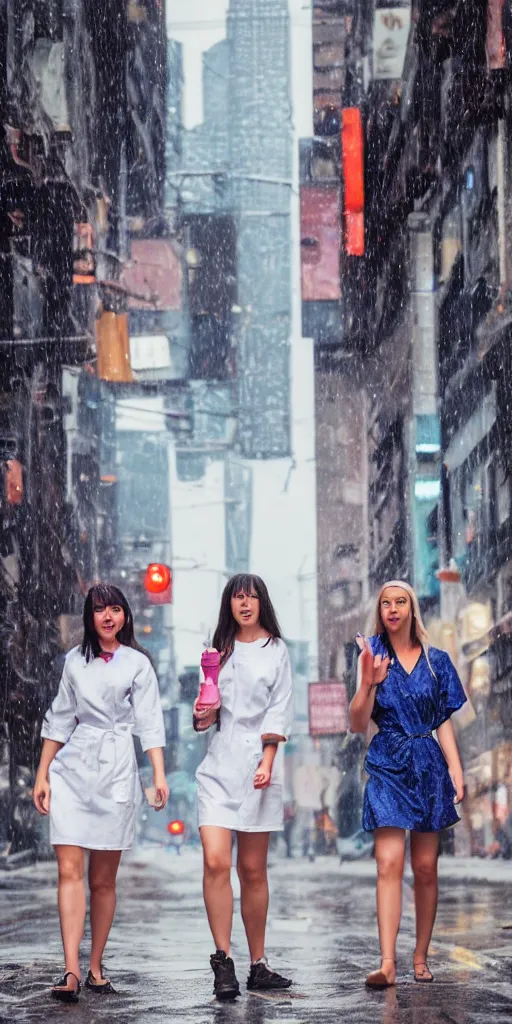 Image similar to 3 beautiful young woman plaque doctors wearing white wet short sun dresses walking toward the camera in the streets of a cyberpunk new york, 8 k, raining streets, wet streets,