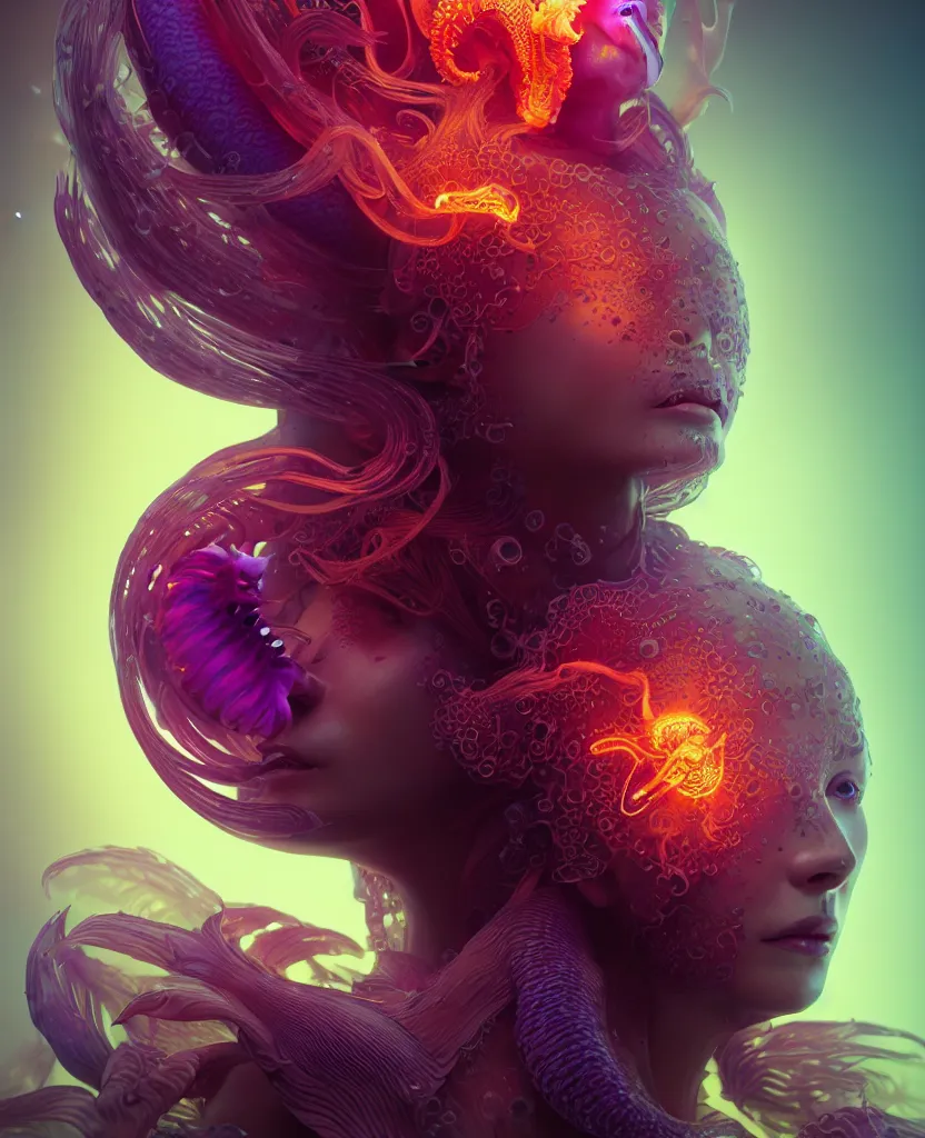 Image similar to goddess close-up portrait. chimera orchid jellyfish phoenix head, nautilus, skull, betta fish, bioluminiscent creatures, intricate artwork by Tooth Wu and wlop and beeple. octane render, trending on artstation, greg rutkowski very coherent symmetrical artwork. cinematic, hyper realism, high detail, octane render, 8k