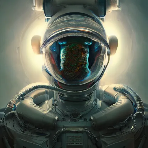 Image similar to hyperrealistic portrait of a squid monster astronaut, full body portrait, well lit, intricate abstract. cyberpunk, intricate artwork, by Tooth Wu, wlop, beeple. octane render,in the style of Jin Kagetsu, James Jean and wlop, highly detailed, sharp focus, intricate concept art, digital painting, ambient lighting, 4k, artstation