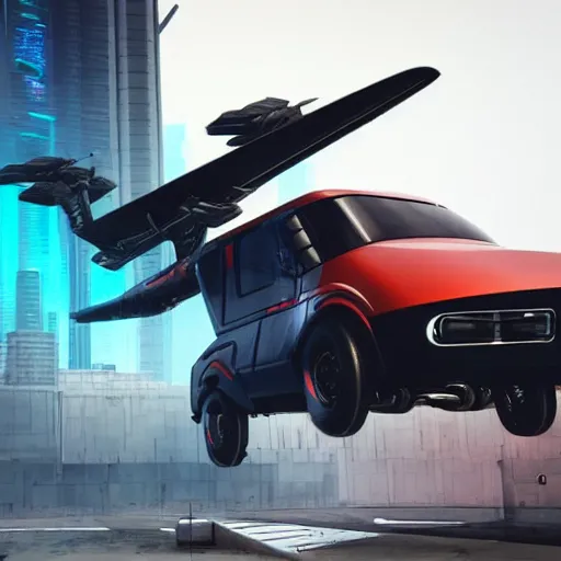 Image similar to cyberpunk alien concept of the a - team van with a pair of airplane wings on the sides, flying trough the sky, futuristic look, highly detailed body, very powerful, photorealistic camera shot, crisp quality and light reflections, unreal engine 5 quality render