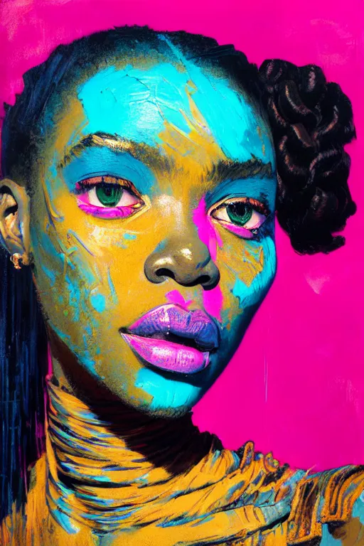 Image similar to portrait of a stylized african young lady, painted in acrylic, pigment textures, wet paint, in the colors hot pink and cyan, beautiful realistic face, rule of thirds, spotlight, by greg rutkowski, by jeremy mann, by francoise nielly, by van gogh, by ross tran, in focus