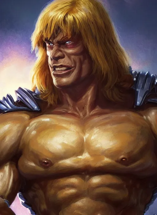 Prompt: He-Man!!!!!, close up, filmation!! ,sci fi,fantasy, intricate, german iron cross chest armor ,elegant, loin cloth ,highly detailed, oil painting, artstation, concept art, matte, sharp focus, illustration, dramatic, sunset,hearthstone, art by Artgerm and Greg Rutkowski and Alphonse Mucha