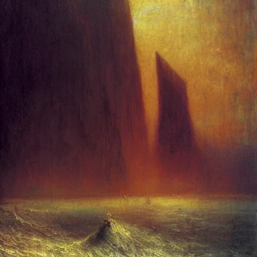 Image similar to the atlantide, by william turner, by beksinski, by caspar david friedrich, oil painting, romantism, realism, limited palette