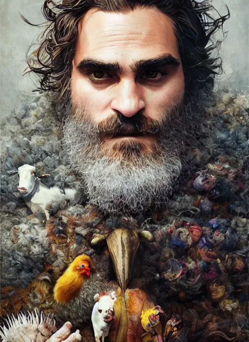 Image similar to a hyper detailed painting of joaquin phoenix surrounded by animals, cow horns, pig nose, sheep wool, chicken feather armor, horror, by anna podedworna, by miklos ligeti, by diego maricato, by taran fiddler, by antonino truisi, by chris reddie, by jinsung lim, trending on artstation