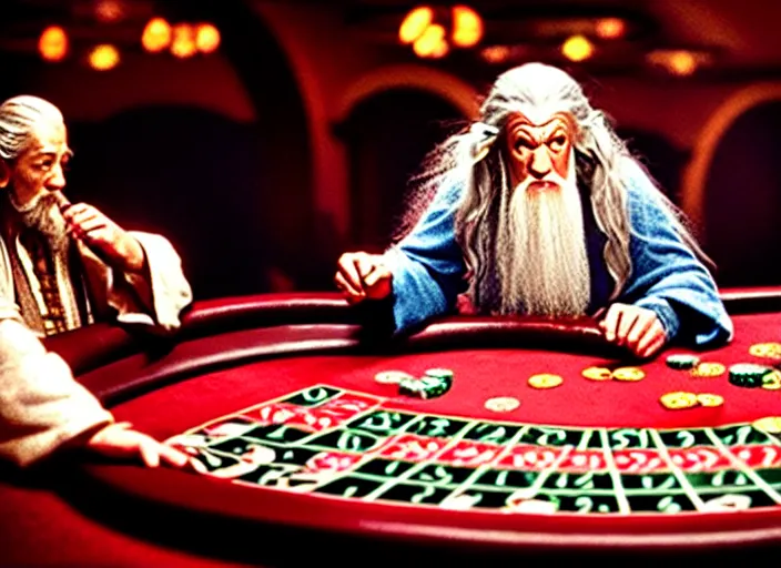 Image similar to film still of gandalf gambling in a casino in lord of the rings movie, 8 k