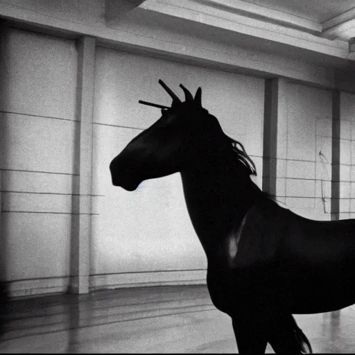 Image similar to a black unicorn in a Soviet building, film still by David Lynch