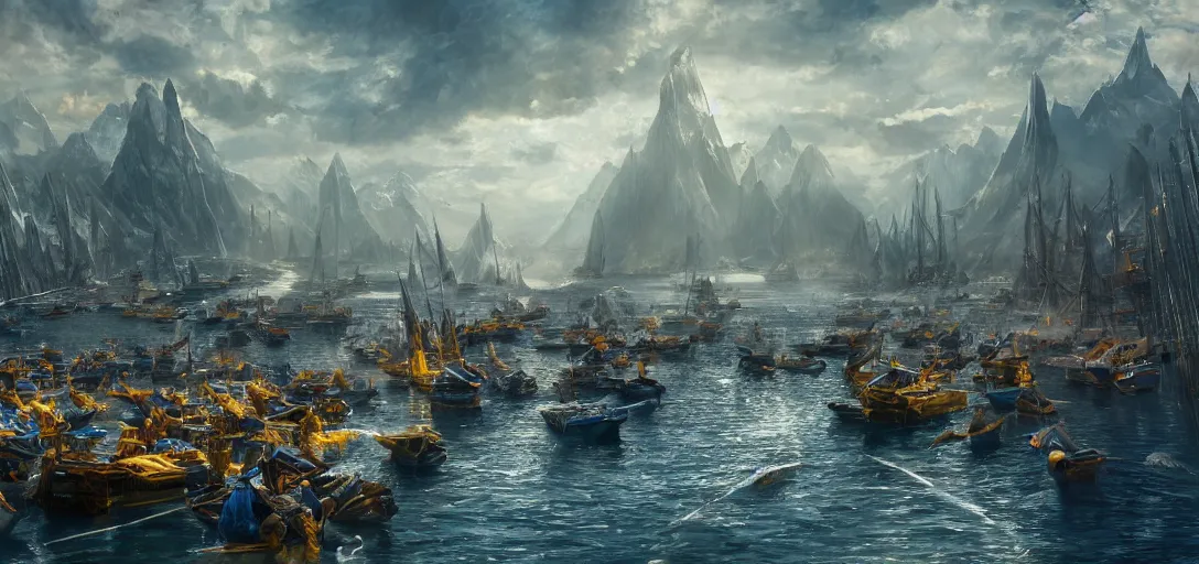 Image similar to cinematic, market aquare, blue and gold boats, dozens of people, hybrid from the lord of the rings and art direction by darius zawadzki, sharp focus, highly detailed, wideangle epic scale, dynamic dramatic lighting, shadows, cinematic atmosphere, artstation, hyperrealistic, 8 k 4 k uhd image