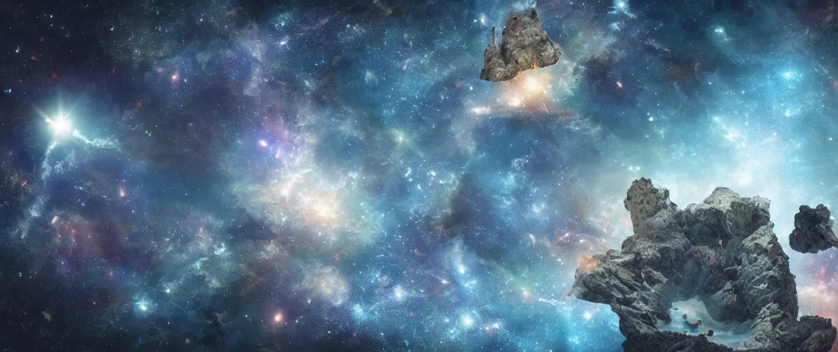 Prompt: a small lone crumbling island, center of image, floating in space, debris, planets, stars, nebula, studio, digital art, detailed, depth of field