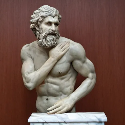 Image similar to Courtroom photograph of a marble statue angry with his attorney