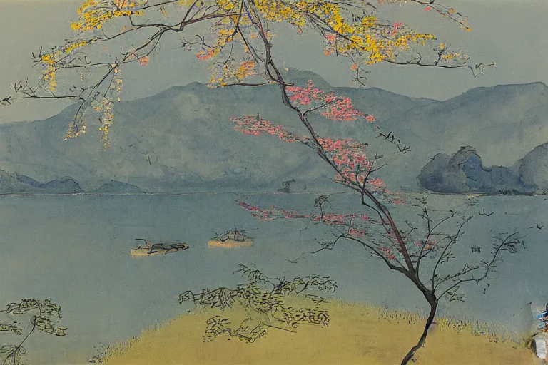 Prompt: an ultradetailed landscape painting of scenic westlake in china hangzhou, light yellow may flowers blossoms nearby, autumn wind, chinese water color, smooth, by hilma af klint