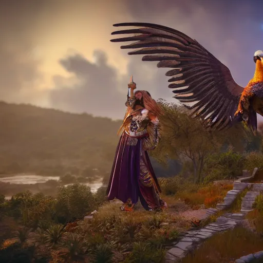 Image similar to a goddess with a big parrot. fantasy magic style. highly detailed 8 k. intricate. lifelike. soft light. sony a 7 r iv 5 5 mm. unreal engine with nanite and path tracing