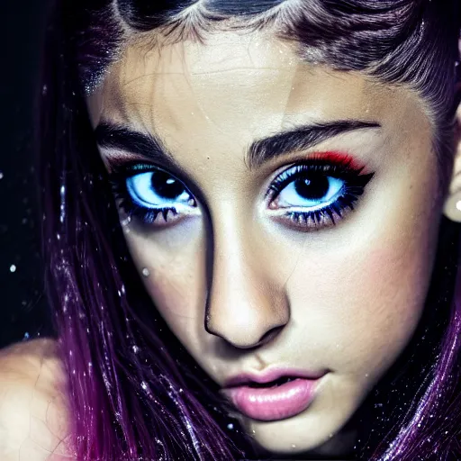 Image similar to Ariana Grande, grungy, unkept hair, glowing eyes, modelsociety, wet from rain, radiant skin, huge anime eyes, bright on black, dramatic, studio lighting, perfect face, intricate, Sony a7R IV, symmetric balance, polarizing filter, Photolab, Lightroom, 4K, Dolby Vision, Photography Award