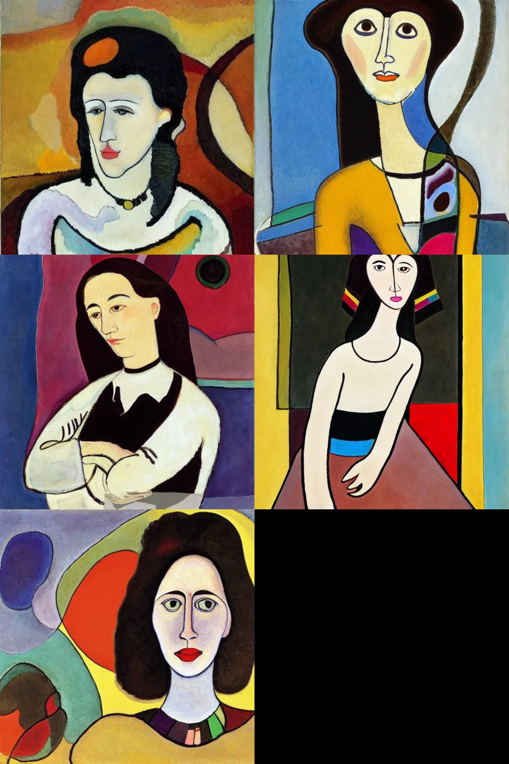 Prompt: an hd painting of a woman by wassily kandinsky. she has straight long dark brown hair, parted in the middle. she has large dark brown eyes, a small refined nose, and thin lips. she is wearing a sleeveless white blouse, a pair of dark brown capris, and black loafers.
