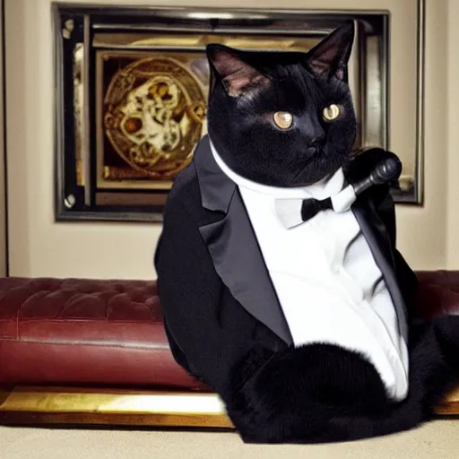 Image similar to a very fat and judgmental cat wearing a full tuxedo, smoking a cigar, sitting in a dimly lit parlor lounge, photograph!