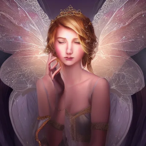 Image similar to detailed portrait of a fairy queen with wings wearing a magic silk and lace robe with a hood, crown, pixie, iris, realism, detailed eyes, emerald, galaxy, sapphire,blonde hair going down to the floor, moonlit, dark fantasy, dramatic lighting, cgsociety, artstation