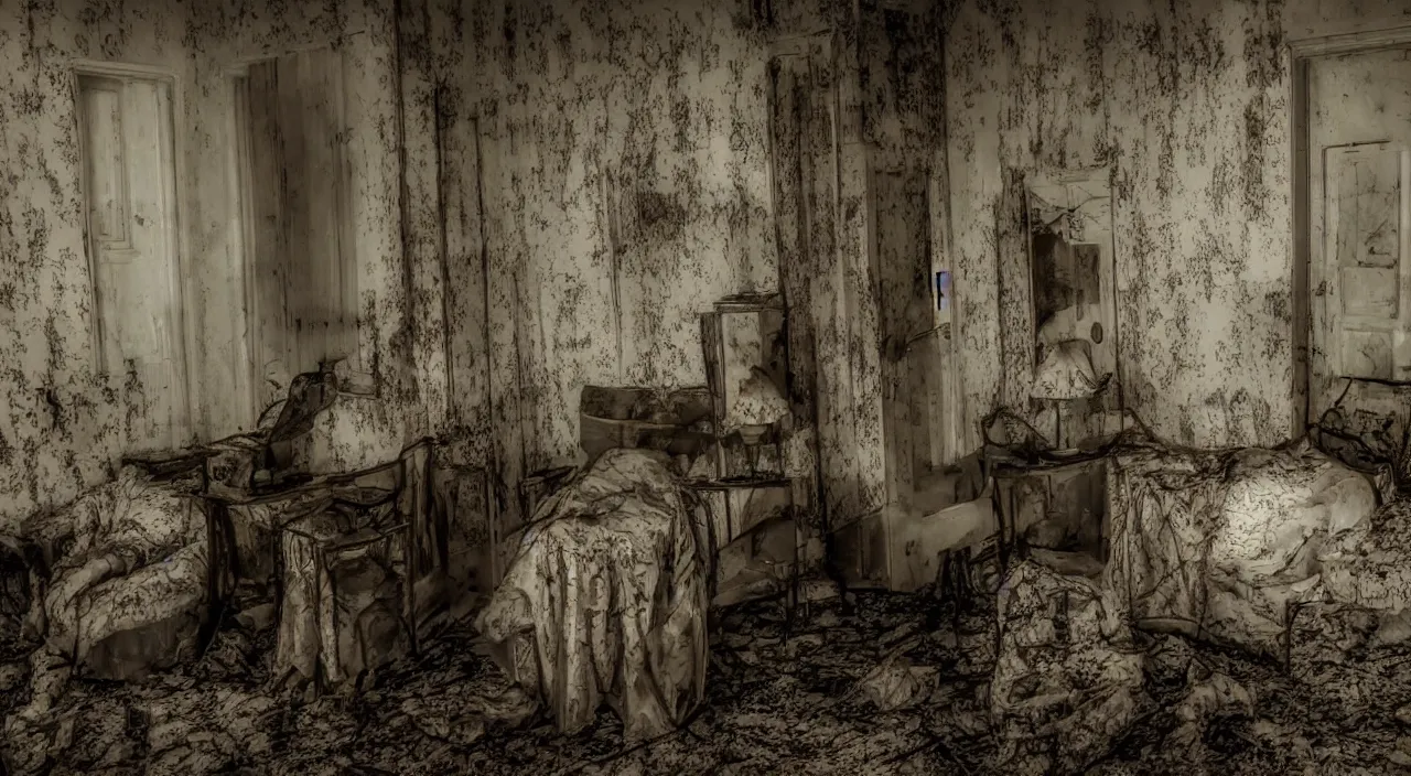 Image similar to creepy characters in a scary room in an abandoned hotel positioned in an old dark forest, night, realistic