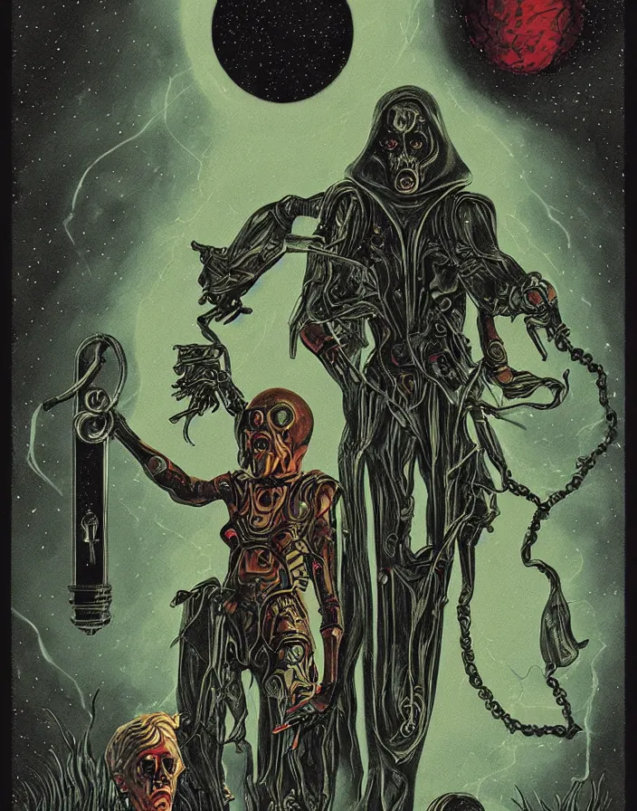 Prompt: retro horror vintage sci - fi : : tarot card : : 2 d matte dark gouache illustration : : dark sacred key to the gate of forgotten dreams : : detailed