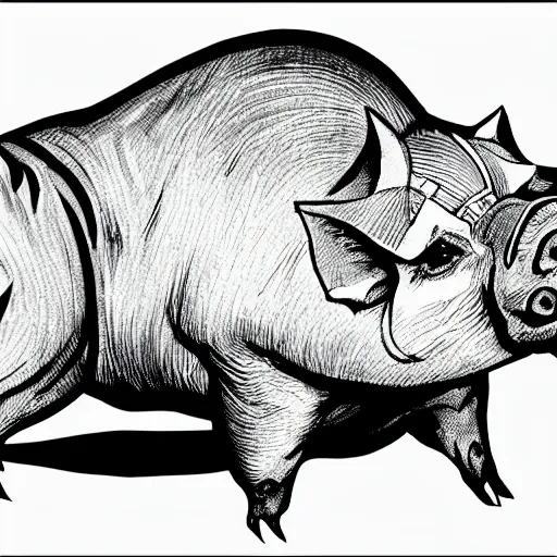 Image similar to pig posing with crown from the Dungeons and Dragons Monster Manual, line art illustration, 1981, high detail