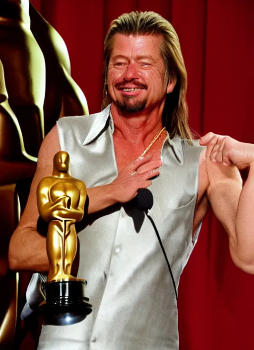 Image similar to an ultra realistic photograph of Joe Dirt winning an oscar, highly detailed, 8k photo